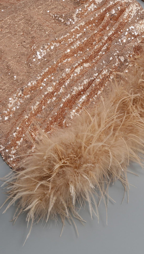 AIIZIE SEQUIN FEATHER MINI DRESS IN ROSE GOLD - product image