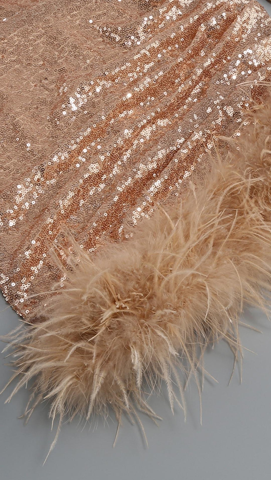 SEQUIN FEATHER MINI DRESS IN ROSE GOLD