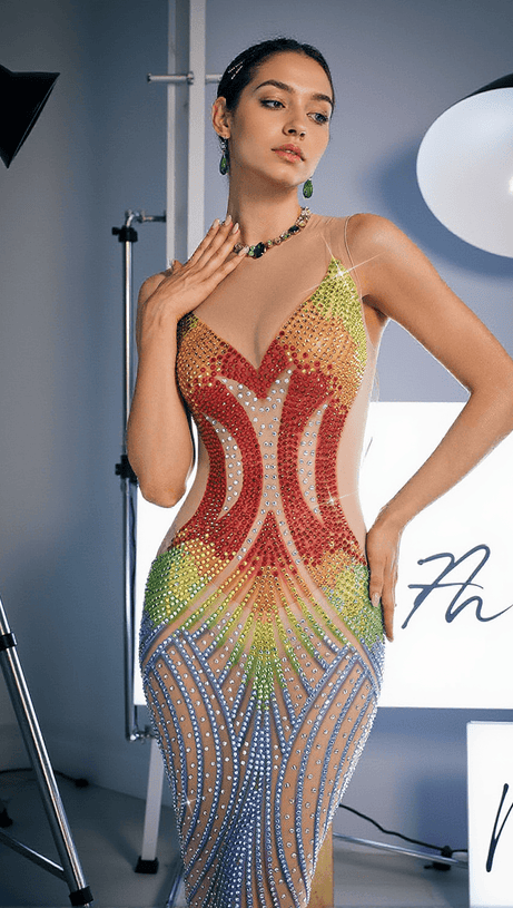 ELSKA SLEEVELESS CRYSTAL MESH DRESS