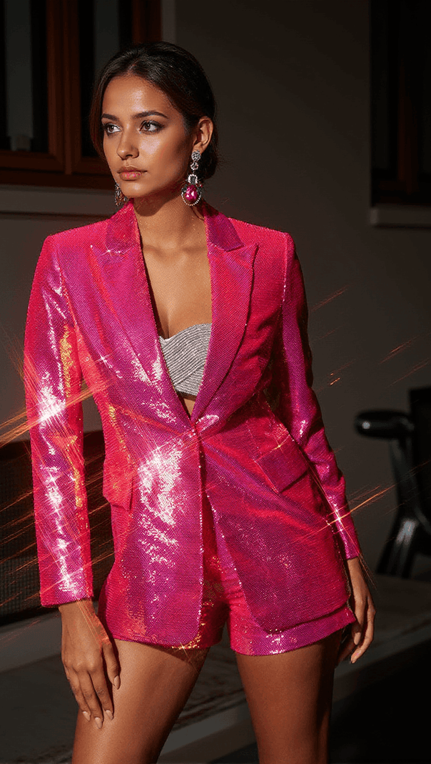 AIIZIE HANAKO SEQUIN BLAZER SHORTS SET IN HOT PINK - product image