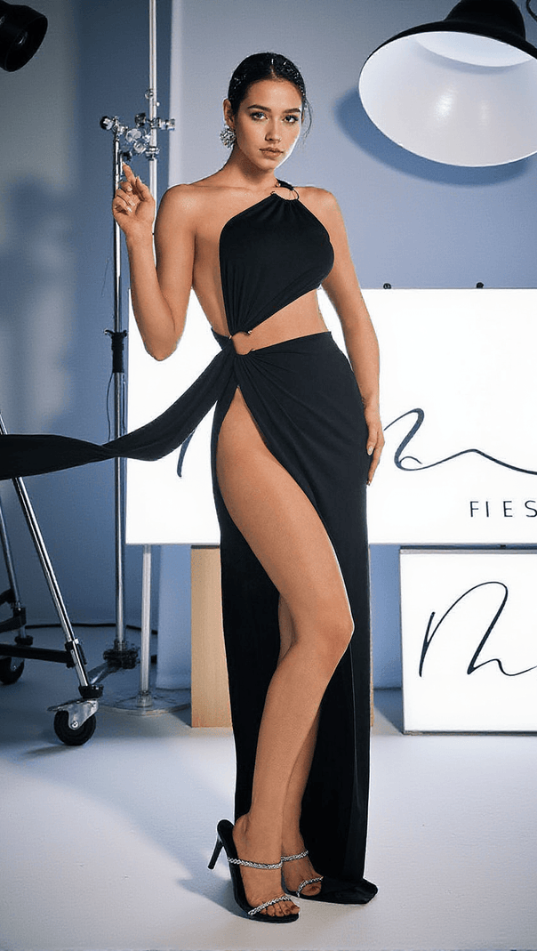 AIIZIE MIHI DRAPED CUTOUT BACKLESS MAXI DRESS IN BLACK - product image
