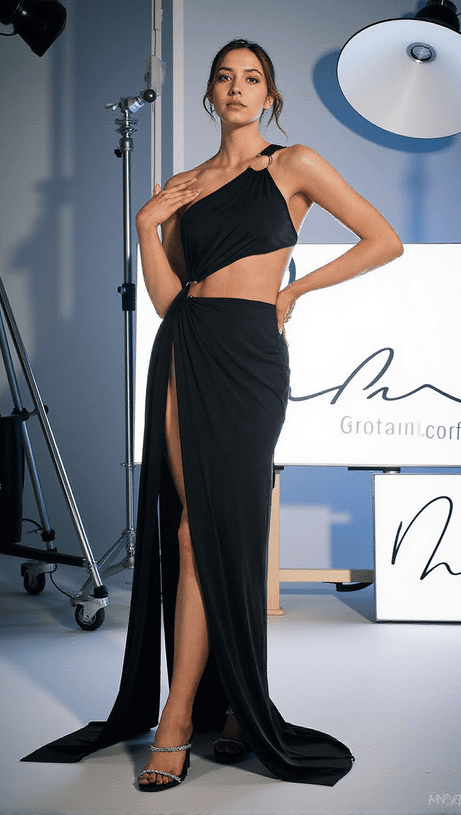 Mihi – Drapiertes, rückenfreies Maxikleid mit Cut-outs in Schwarz