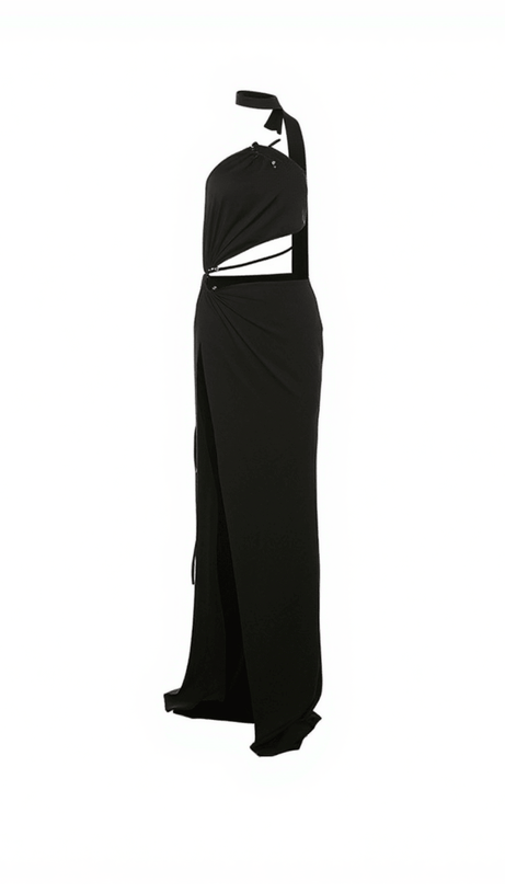 Mihi – Drapiertes, rückenfreies Maxikleid mit Cut-outs in Schwarz