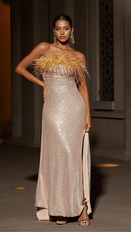 LAURELL STRAPLESS FEATHER SEQUIN MAXI DRESS