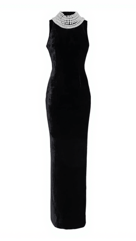 ABITO LUNGO DUSTIN CON COLLO ALTO E PERLE