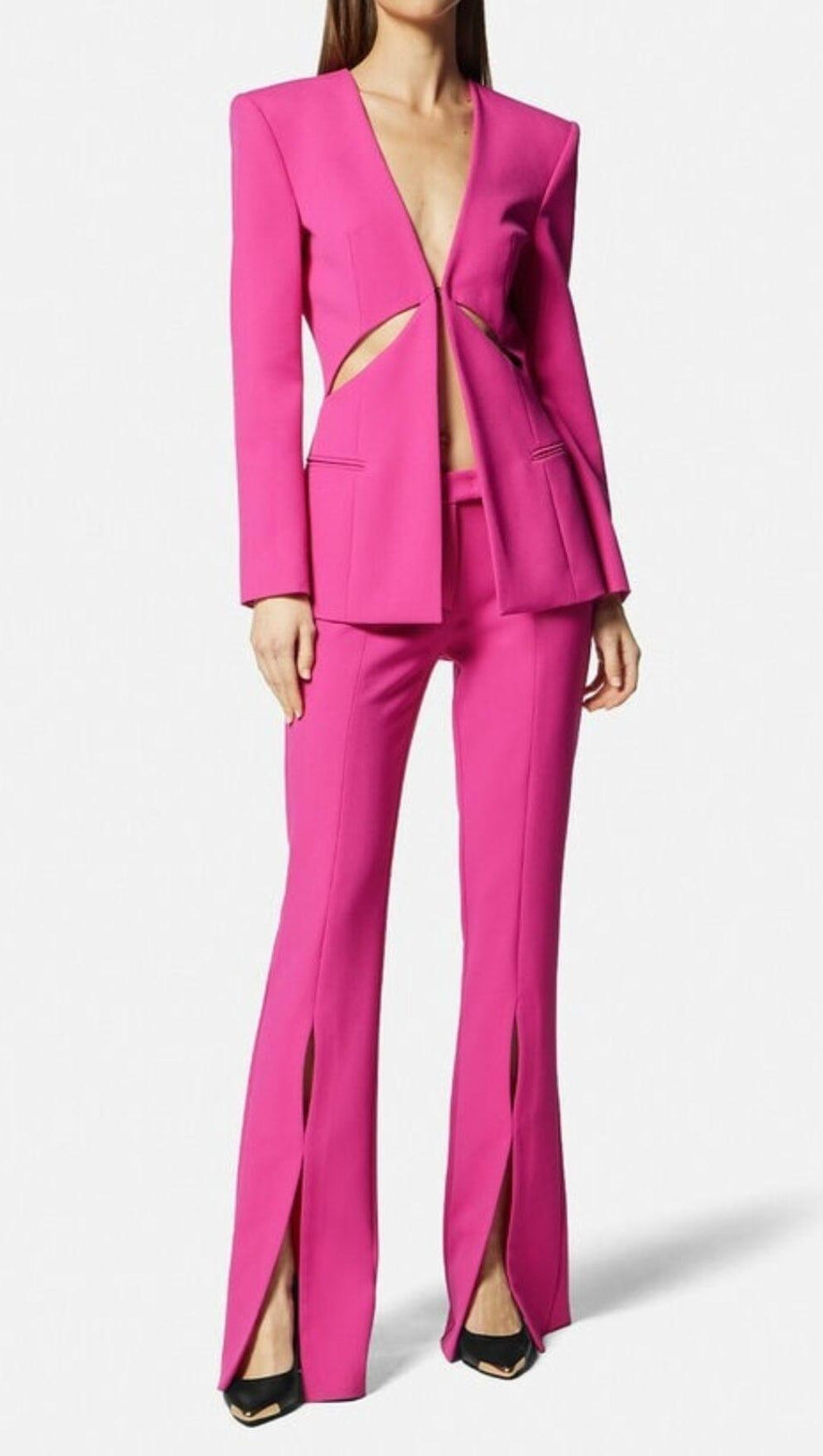 HOLLOW COLLARLESS BLAZER SLIT TROUSER SUIT