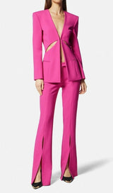 HOLLOW COLLARLESS BLAZER SLIT TROUSER SUIT