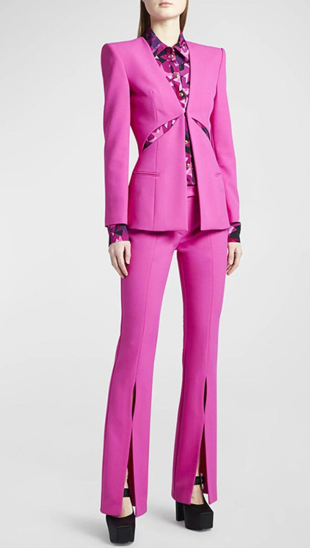 AIIZIE HOLLOW COLLARLESS BLAZER SLIT TROUSER SUIT - product image