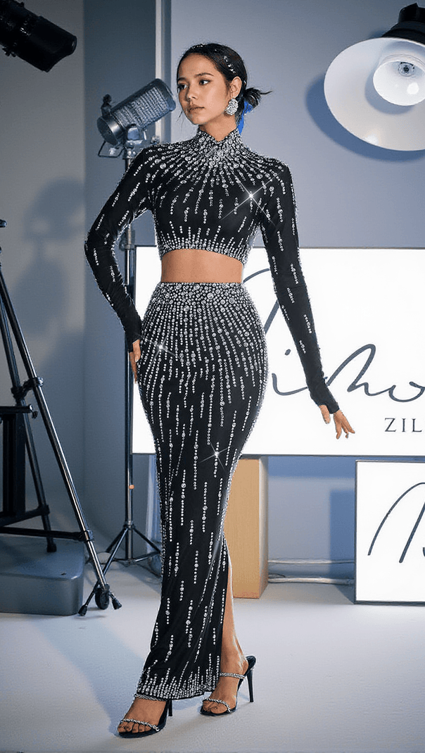 AIIZIE DUTTON HIGH WAIST RHINESTONE SKIRT SET - product image