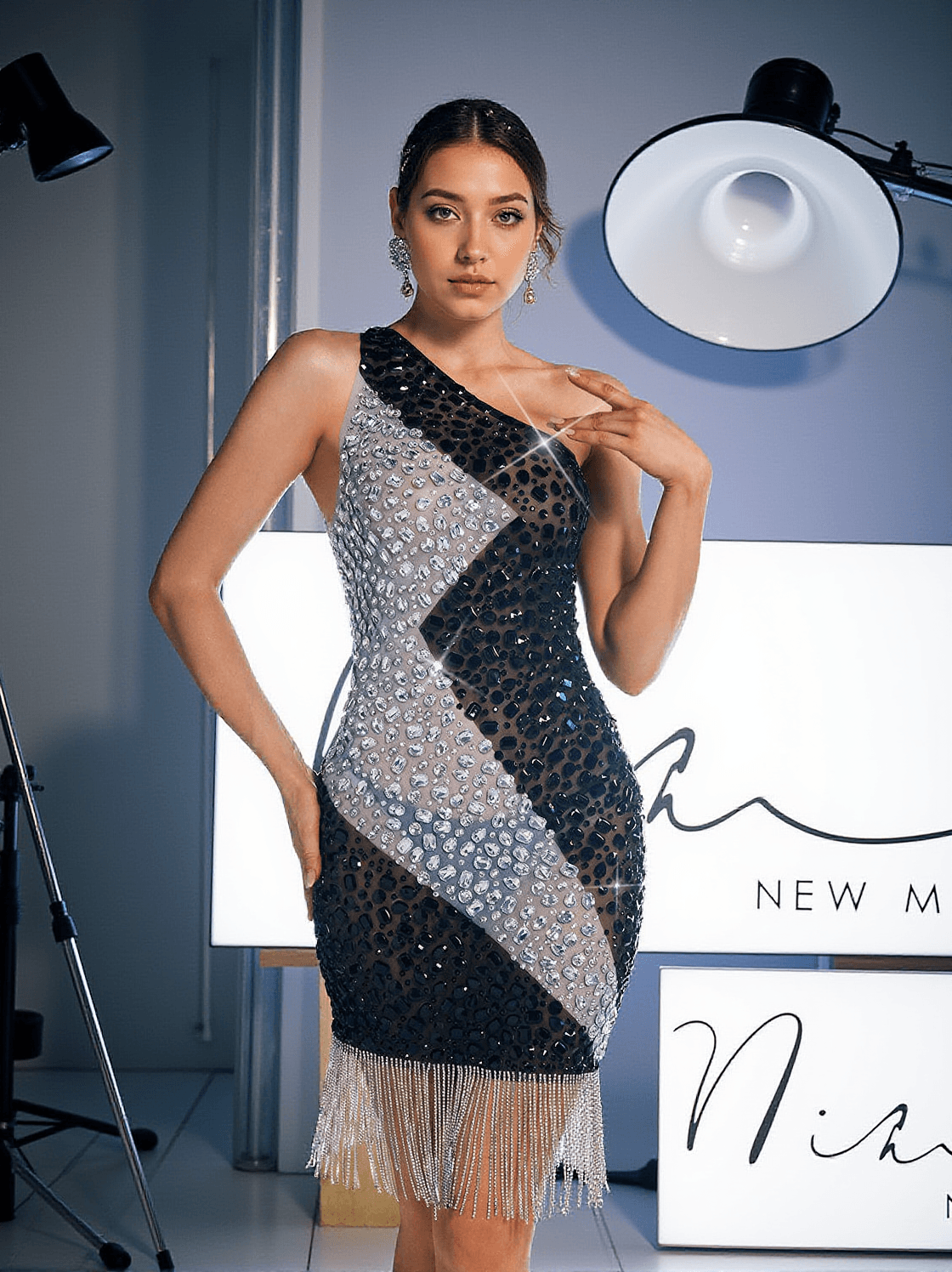 RIGGS ONE SHOULDER RHINESTONE FRINGE MINI DRESS