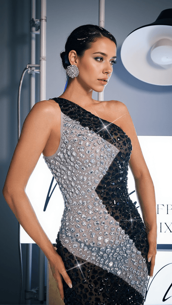 AIIZIE RIGGS ONE SHOULDER RHINESTONE FRINGE MINI DRESS - product image
