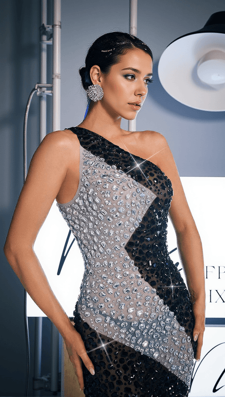 RIGGS ONE SHOULDER RHINESTONE FRINGE MINI DRESS