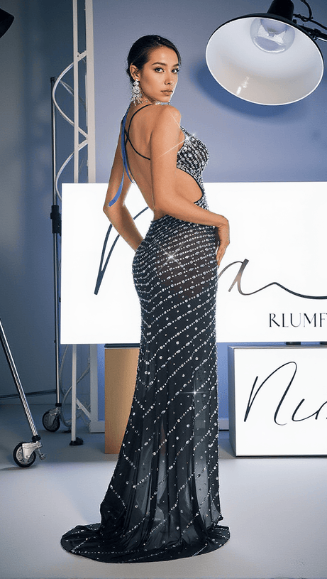 ARYAN BACKLESS RHINSETONE CUTOUT MAXI DRESS