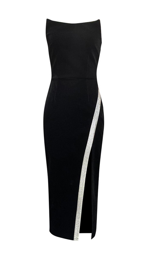 ÄRMELLOSES, figurbetontes MIDIKLEID IN SCHWARZ