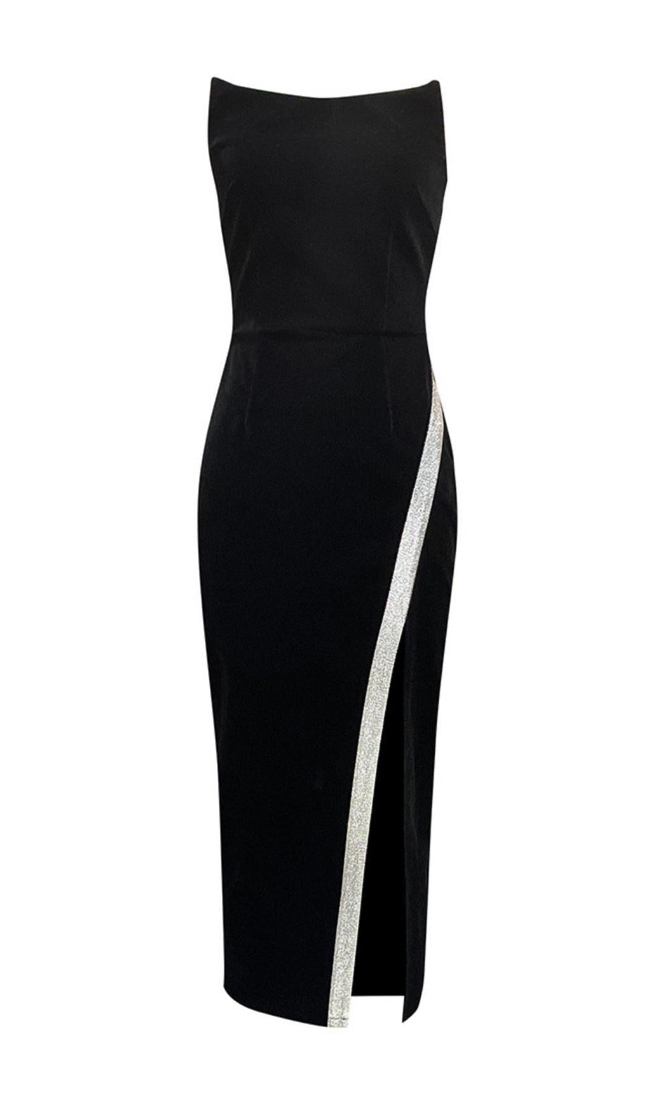 ÄRMELLOSES, figurbetontes MIDIKLEID IN SCHWARZ