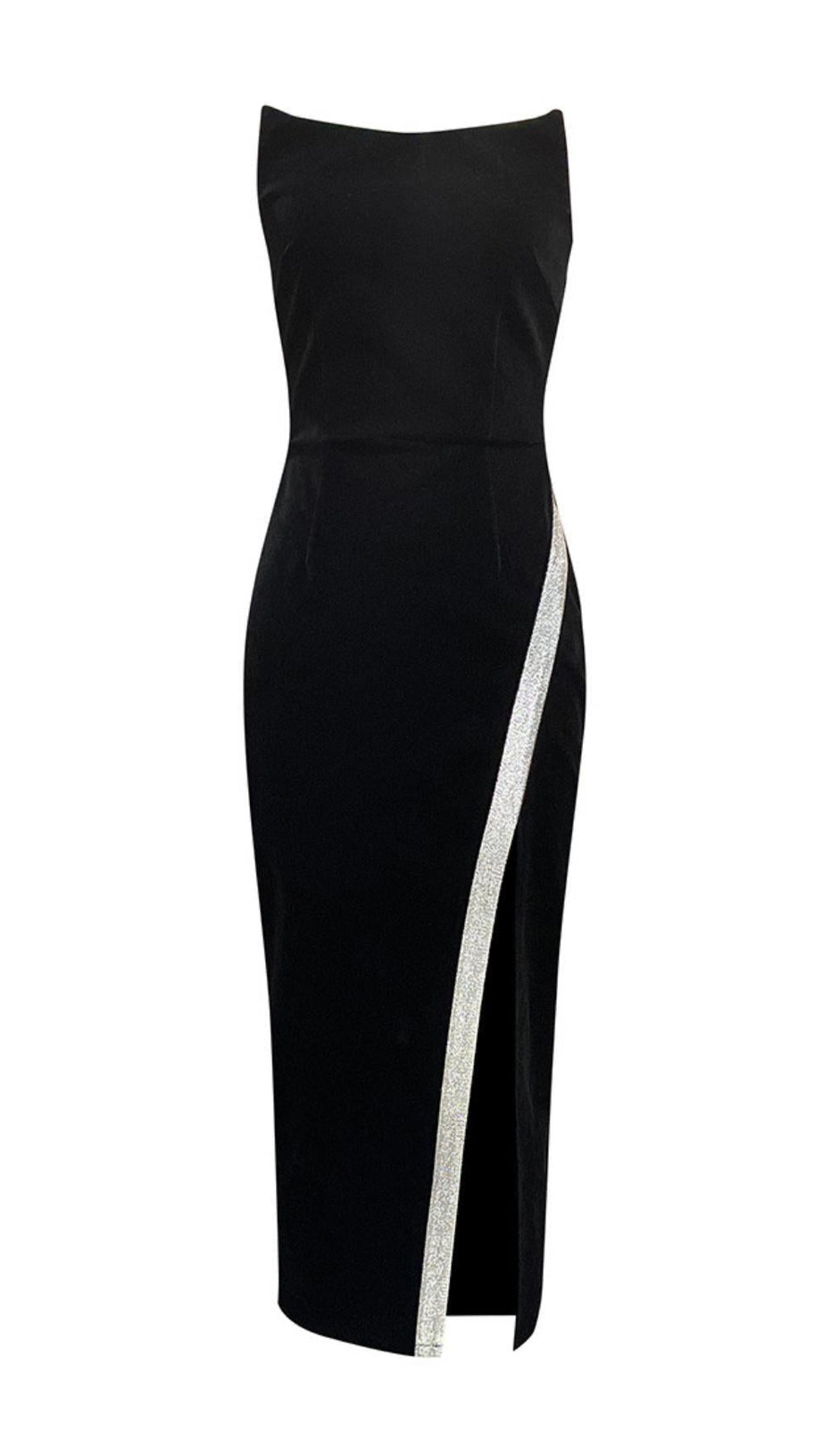 ÄRMELLOSES, figurbetontes MIDIKLEID IN SCHWARZ