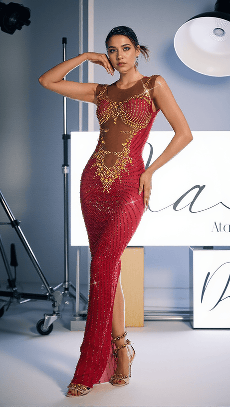 BRODY PRINTED RHINESTONE SPLIT MAXI DRESS IN RED