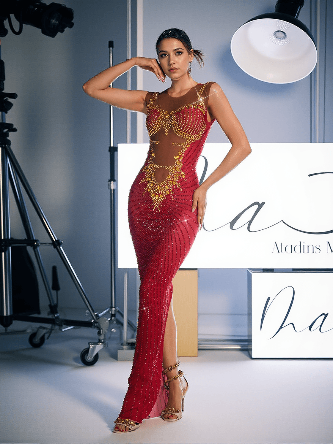 BRODY PRINTED RHINESTONE SPLIT MAXI DRESS IN RED