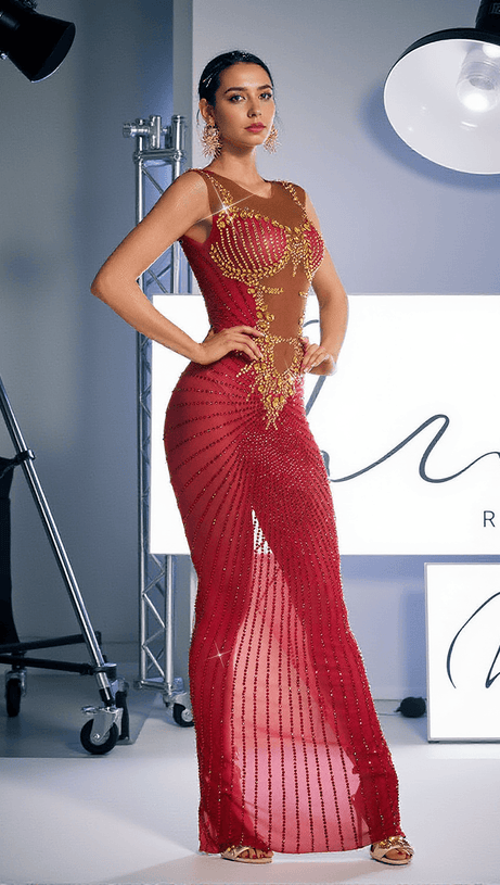 BRODY PRINTED RHINESTONE SPLIT MAXI DRESS IN RED