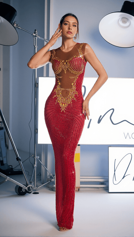 BRODY PRINTED RHINESTONE SPLIT MAXI DRESS IN RED