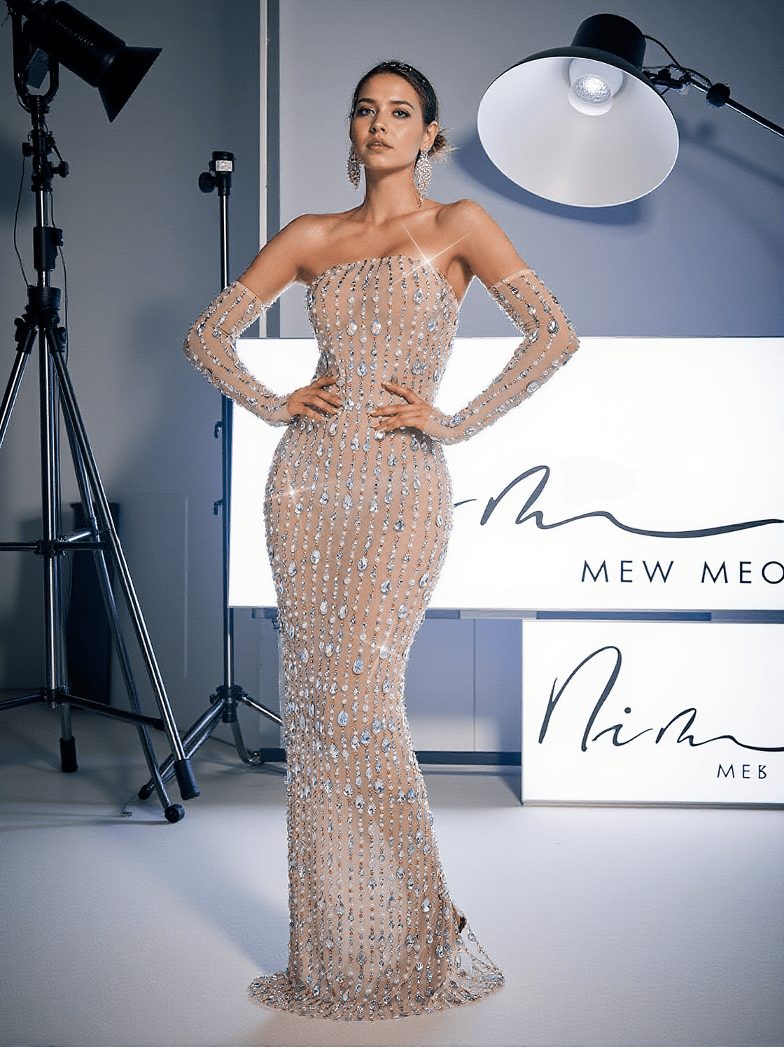 DOUGLAS STRAPLESS RHINESTONE MAXI DRESS WITH GLOVES