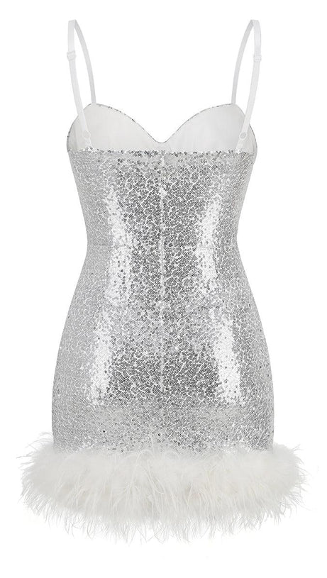 FEATHER SLEEVELESS MINI DRESS IN WHITE