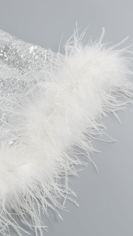 FEATHER SLEEVELESS MINI DRESS IN WHITE