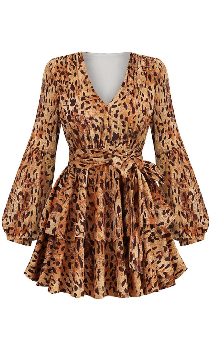 V NECK LEOPARD MINI DRESS