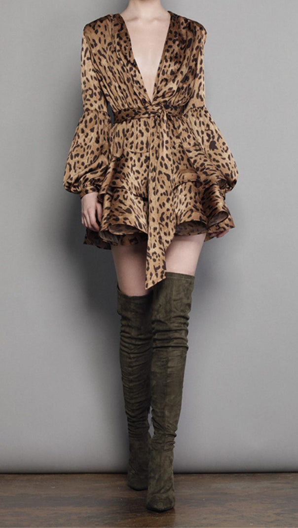 AIIZIE V NECK LEOPARD MINI DRESS - product image