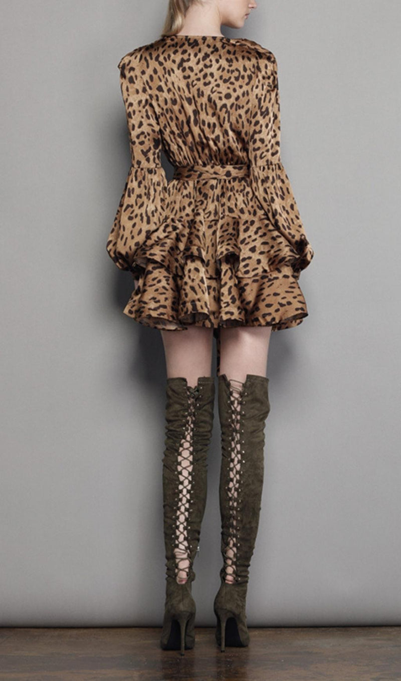 V NECK LEOPARD MINI DRESS