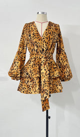 V NECK LEOPARD MINI DRESS