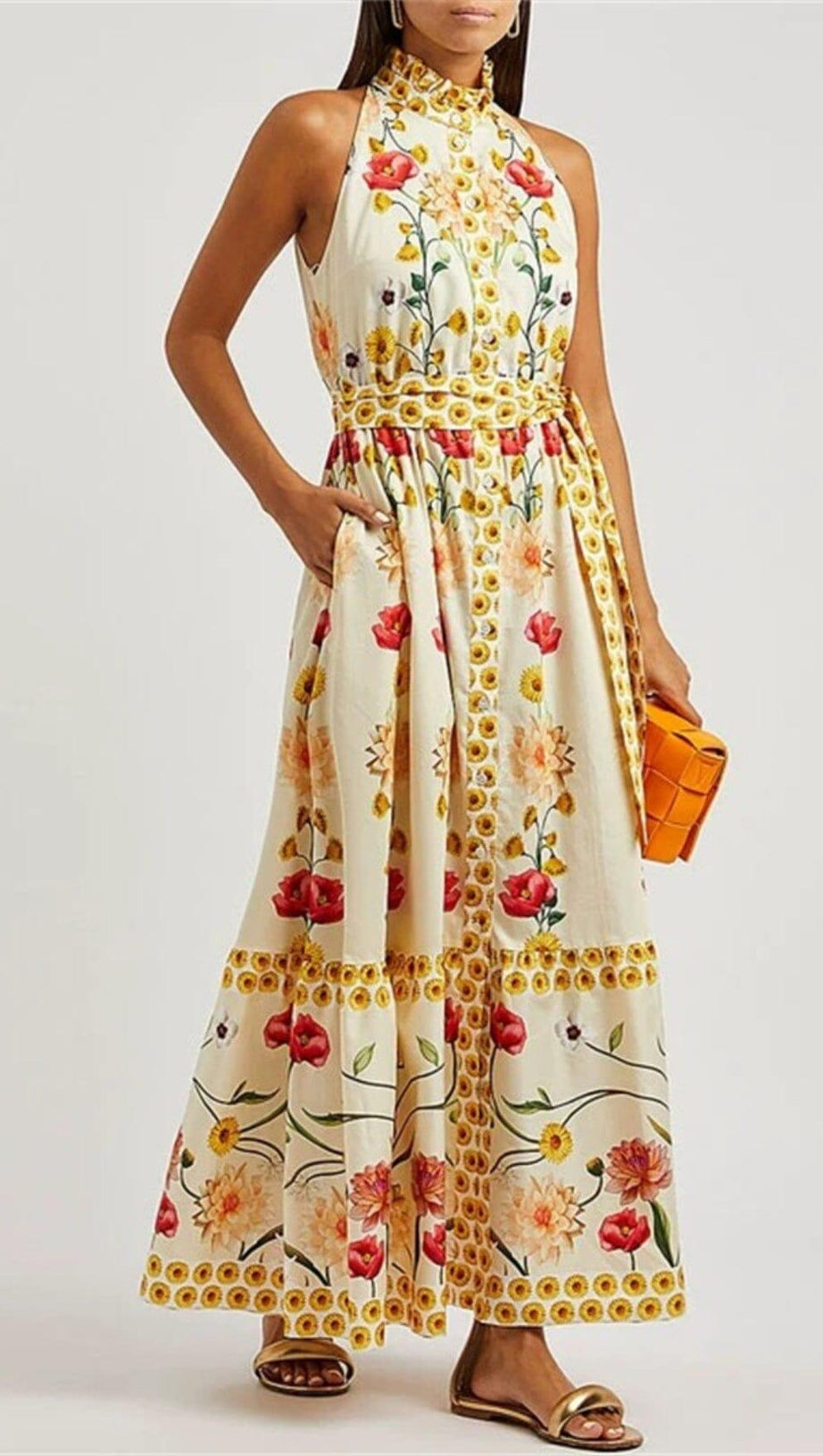 HIGH COLLAR SLEEVELESS LOOSE LACE FLORAL MAXI DRESS