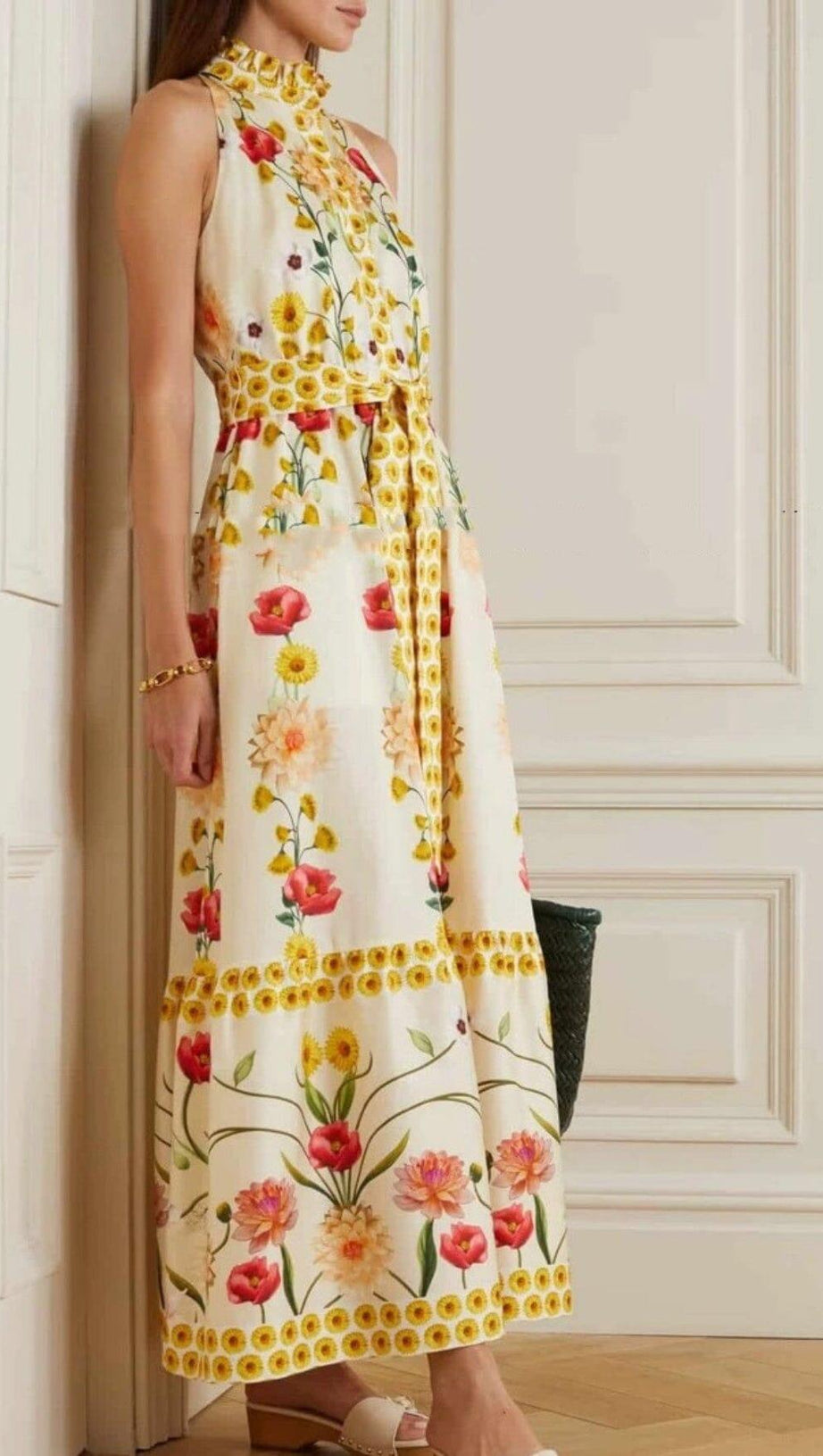 HIGH COLLAR SLEEVELESS LOOSE LACE FLORAL MAXI DRESS