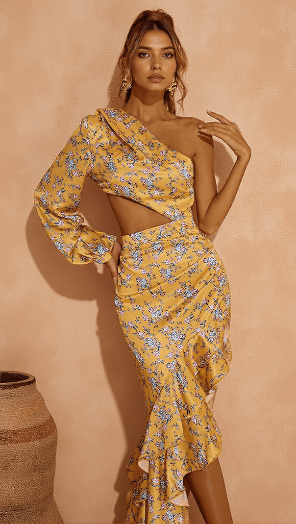 Aiyana – Gelbes Maxikleid mit One-Shoulder-Träger und Blumenmuster