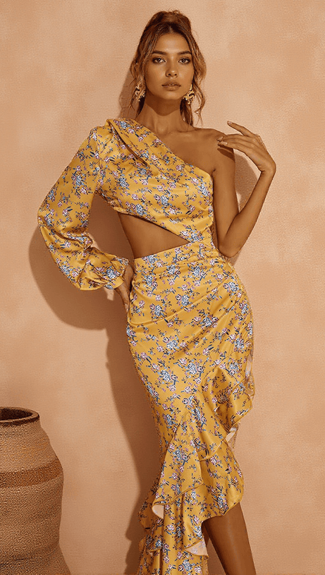AIYANA ONE SHOULDER FLORAL MAXI DRESS IN YELLOW