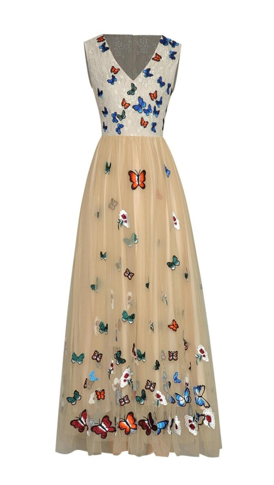 BUTTERFLY LACE MIDI DRESS IN BEIGE