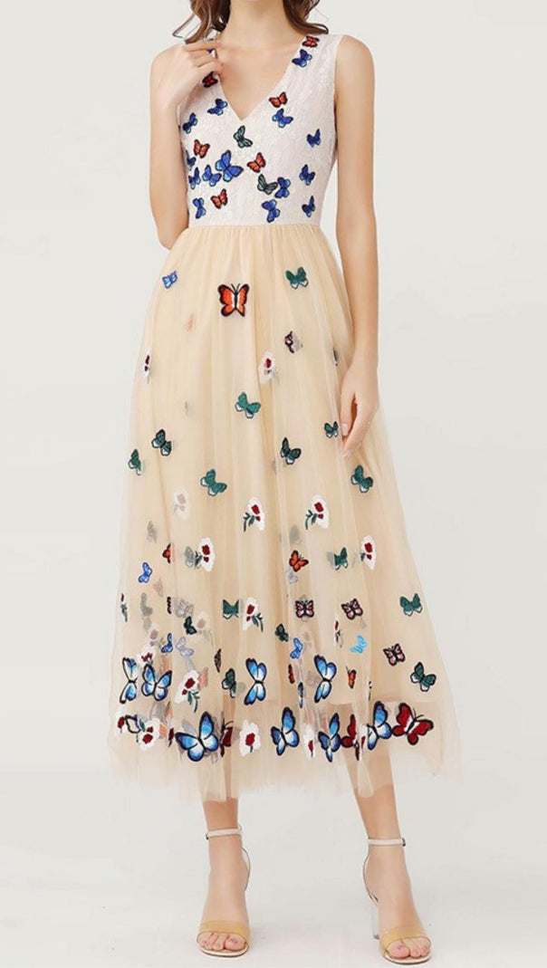 AIIZIE BUTTERFLY LACE MIDI DRESS IN BEIGE - product image