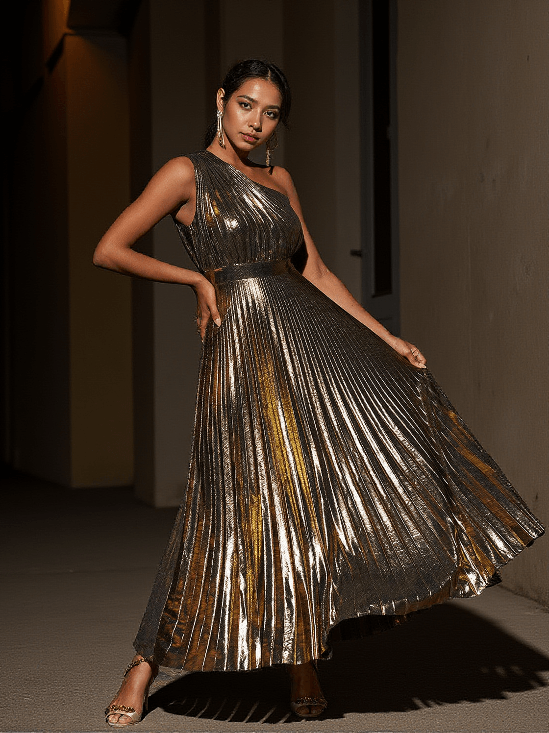 KALEEN ONE SHOULDER METALLIC MAXI DRESS IN GOLD