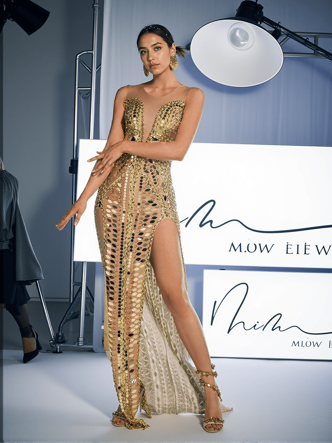 BRYCEN SCOOP NECK ACRYLIC SPLIT MAXI DRESS