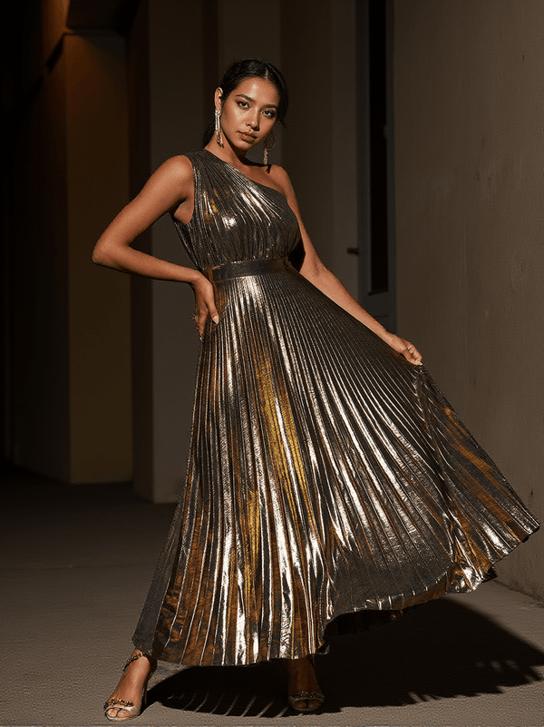 Kaleen One Shoulder Metallic Maxi Dress In Gold