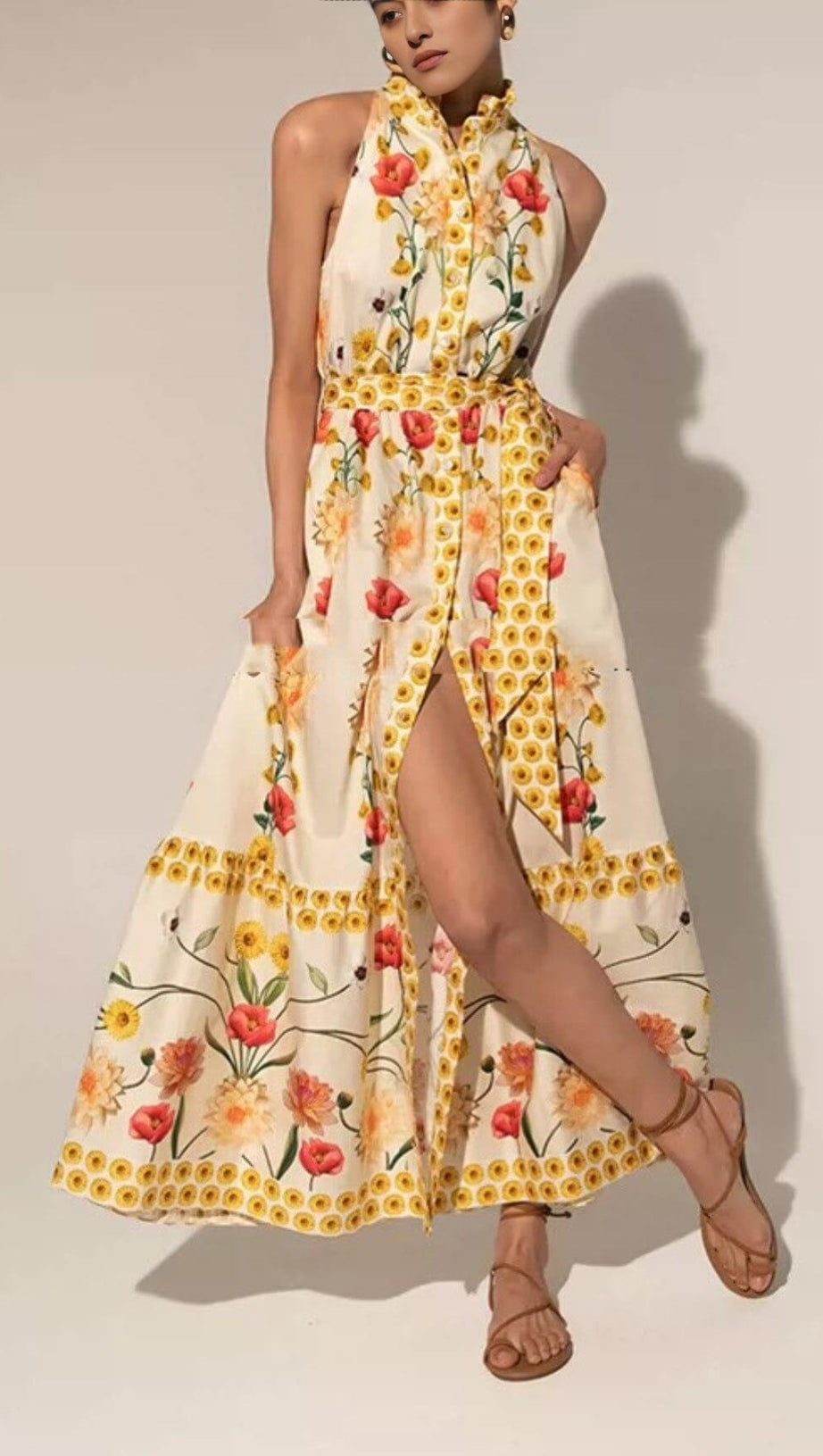 HIGH COLLAR SLEEVELESS LOOSE LACE FLORAL MAXI DRESS