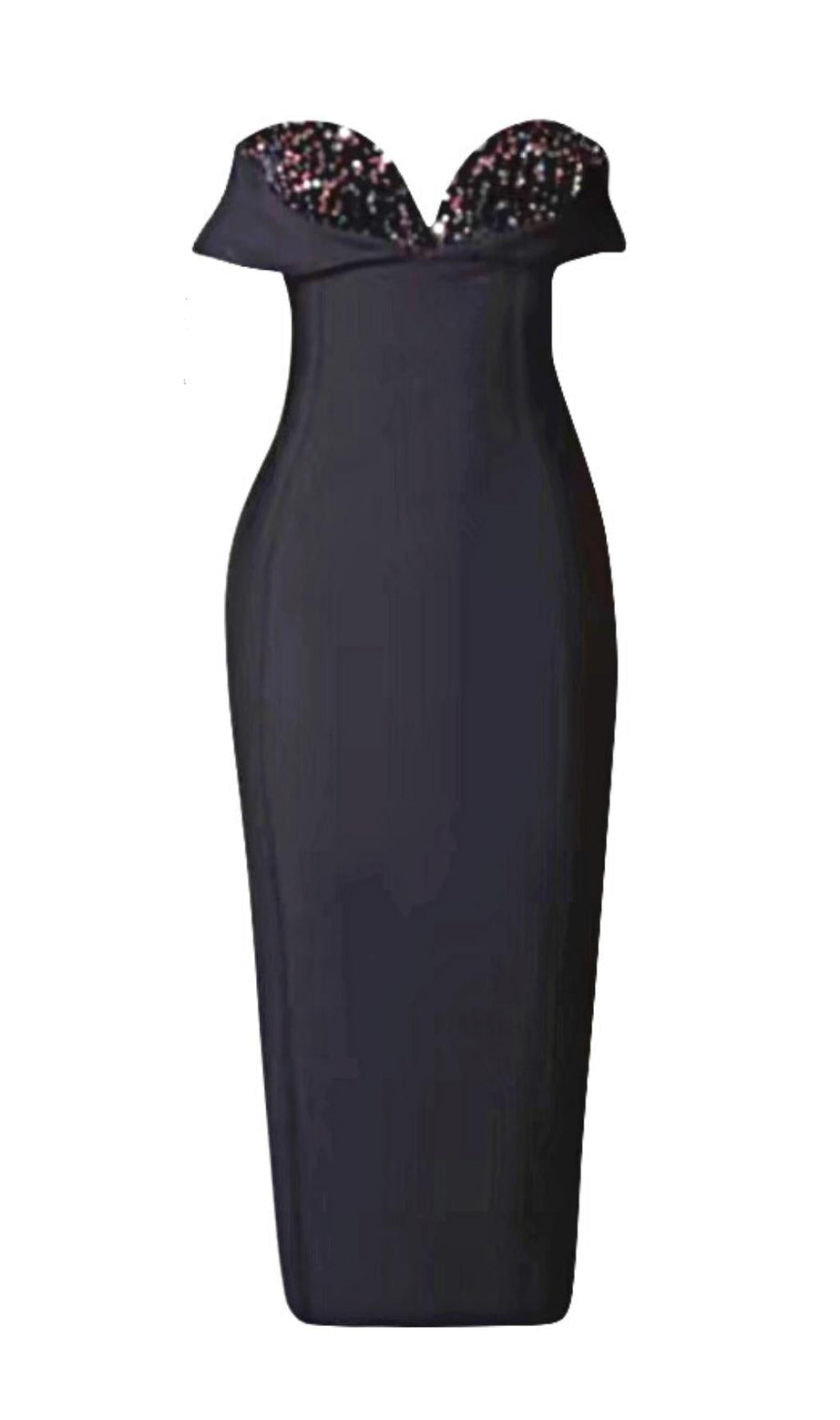 ABITO MIDI SENZA SPALLINE CON PAILLETTES NERO