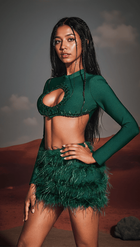 AARON HOLLOW FEATHER BANDAGE SKIRT SET