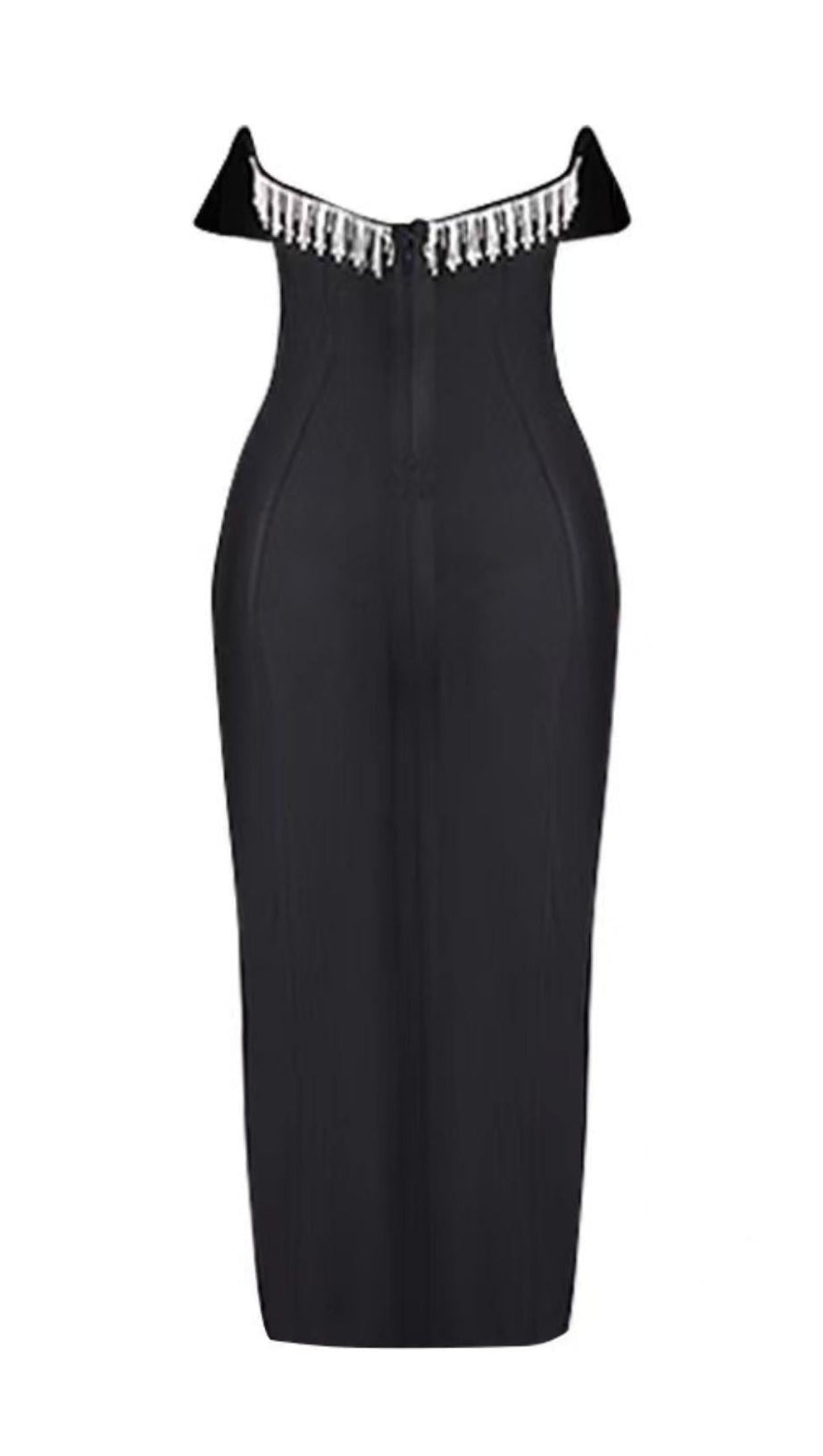 SEQUIN STRAPLESS MIDI DRESS IN BLACK