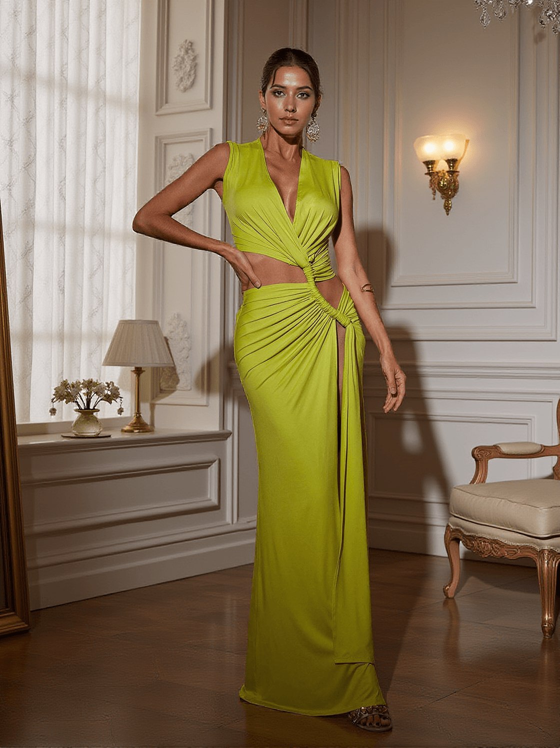 GERTRUDE V NECK CUTOUT SPLIT MAXI DRESS