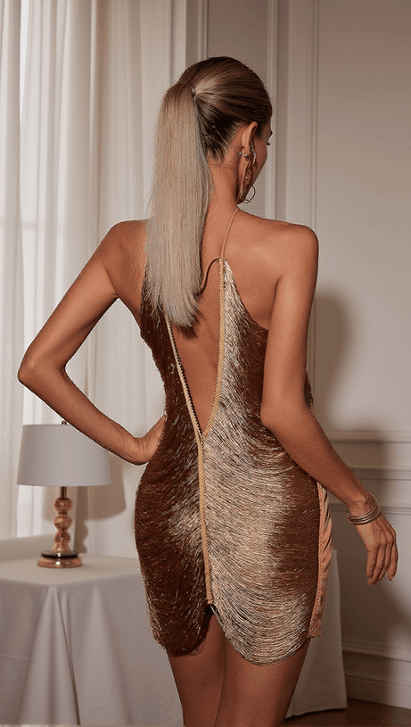 BLUMA HALTERNECK FRINGE MINI DRESS IN BRONZE