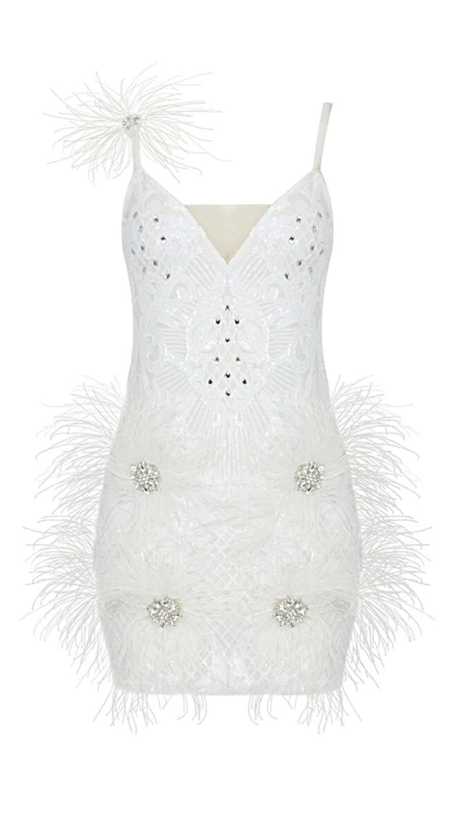 FEATHER BANDAGE MINI DRESS IN WHITE