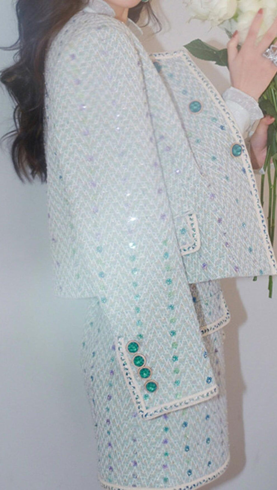 HEAVY SEQUIN EMBROIDERED SMALL FRAGRANT STYLE JACKET AND SKIRT