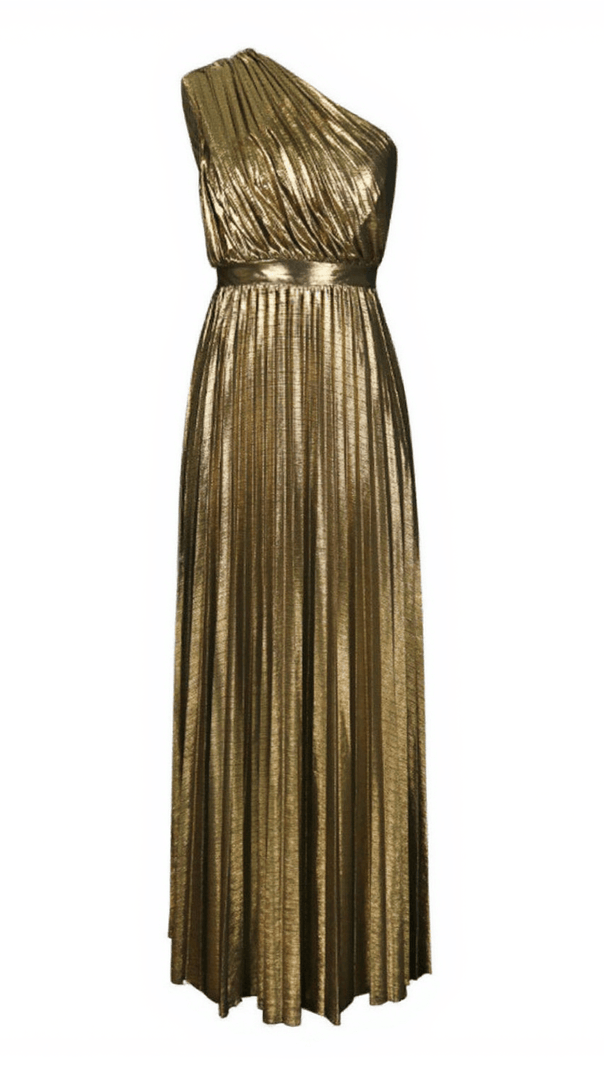 Kaleen One Shoulder Metallic Maxi Dress in Gold
