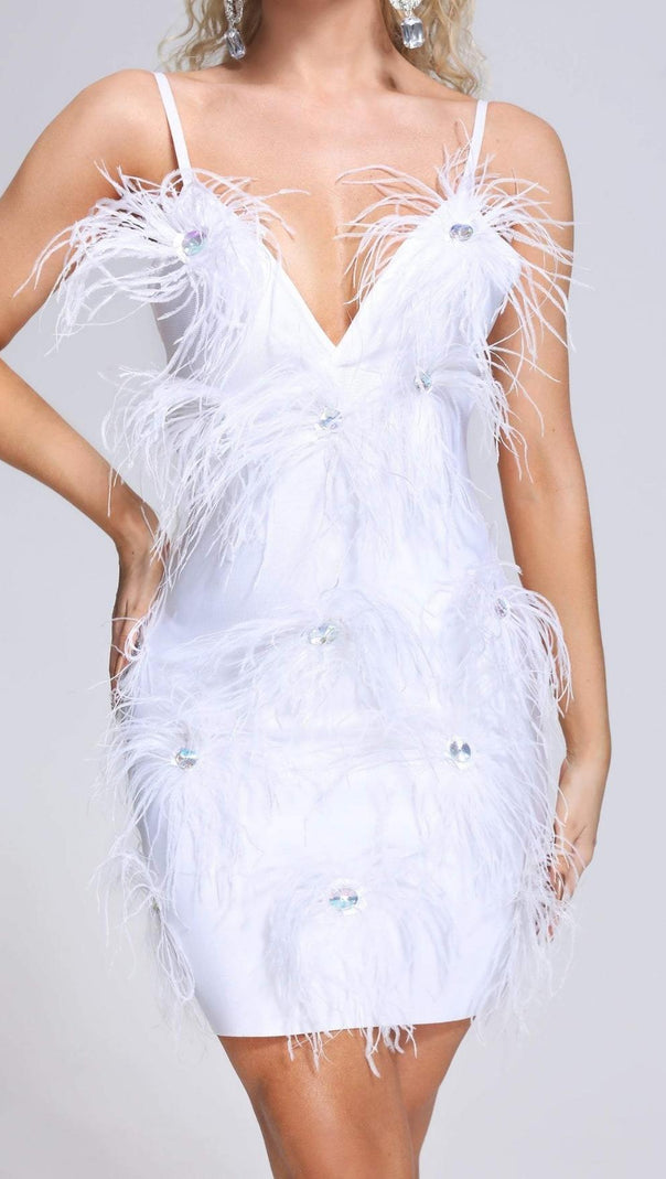 AIIZIE FEATHER BANDAGE MINI DRESS IN WHITE - product image